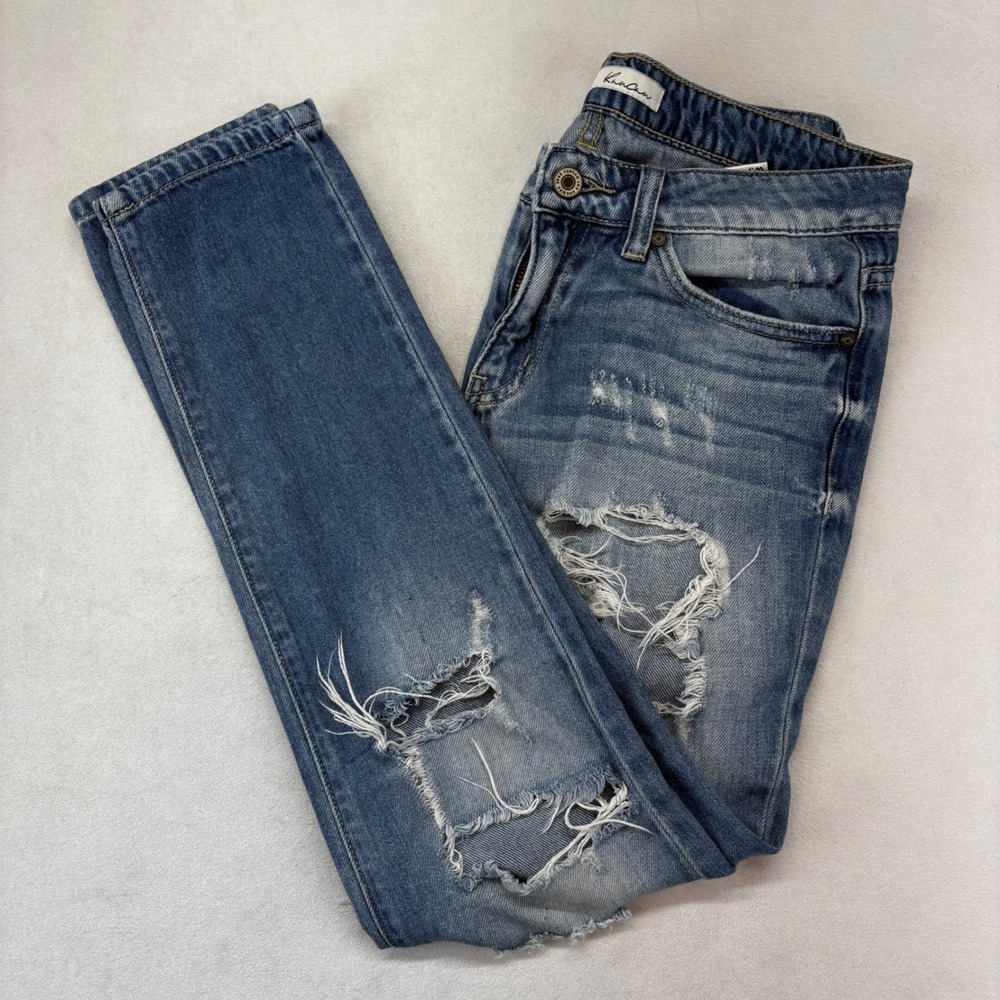 KanCan Distressed Skinny Jeans Womens 26 Medium Wash Blue Shredded Ripped Edgy